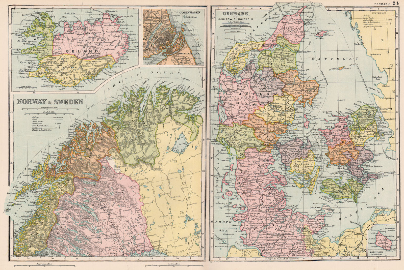 SCANDINAVIA. Lapland Iceland Denmark Copenhagen. Norway & Sweden. BACON 1903 map